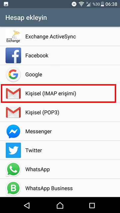 Bu bölümde ne tür e-posta oluşturacağımızı seçiyoruz. Biz bu örnekte IMAP kurulumu yapıcaz. Kişisel (IMAP erişimi) seçeneğine dokunun.