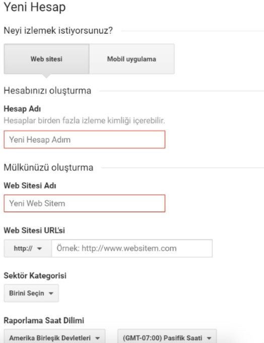 google analytics kayıt formu